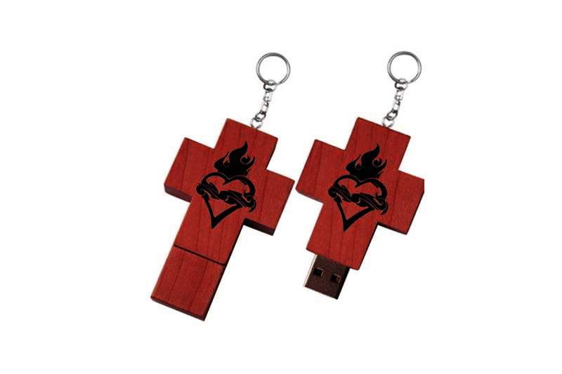 MJ - Wooden USB Flash Drive Cross Edition - Bloodwood or Mahogany, Heart Laser Engraving (or any pictures)