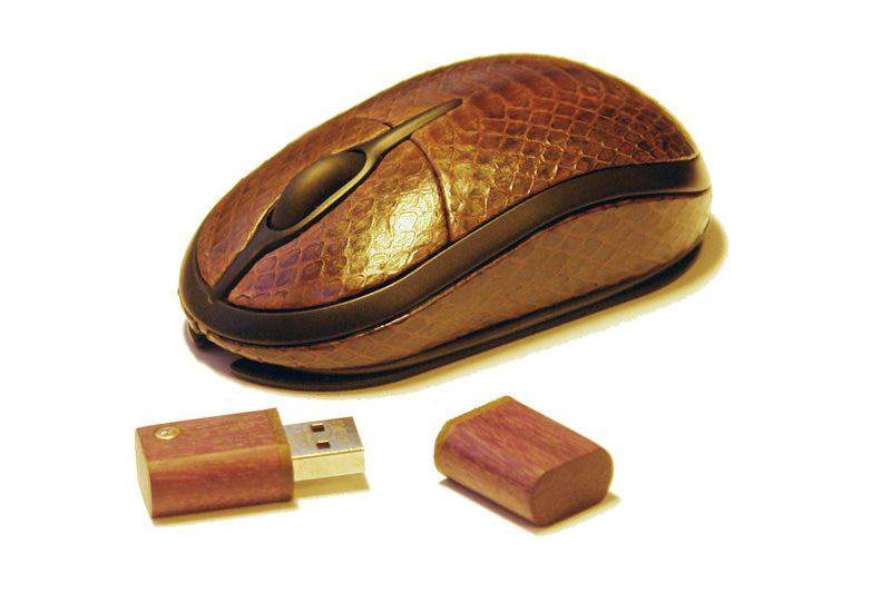 MJ - Luxury Mouse Genuine Leather Sea Snake Whiskey Color & USB Flash Drive from Pink Wood Decorated Platinum & Brilliants