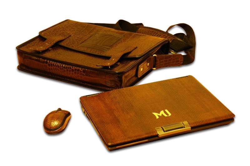 MJ - Gold Laptop Sea Snake Leather with Notebook Bag (Crocodile Skin) & Unique Bluetooth Mouse